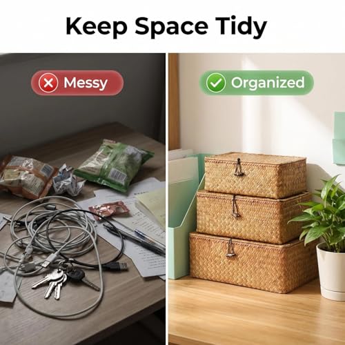 Wicker Handwoven Seagrass Storage Baskets for Organizing With Lids,boho rectangle decorative storage boxes, stackable natural rattan for Shelf,Closet,Bedroom,bathroom,three-piece set