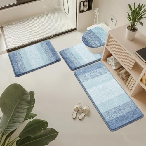 Bsmathom Bathroom Rug Set 4 Piece, Plush Microfiber Bath Mat, Dusty Blue | Extra Water Absorbent, Non Slip Washable Runner Bath Rugs with Toilet Lid Cover and U-shaped Contour Toilet Mat - color: Dusty Blue, size: 18"x26"+18"x48"+U20"x24"+Cover19"x21"