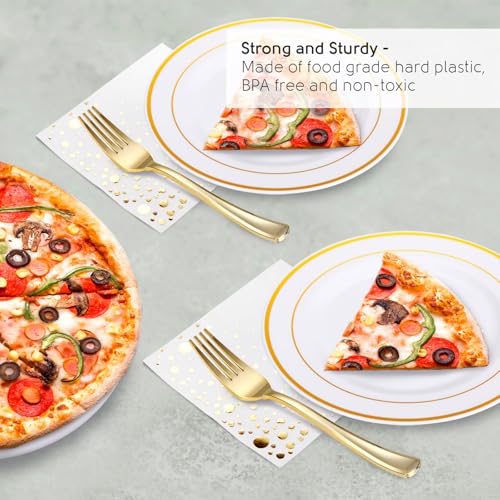Gold Dessert Plates Set, 100 Wedding Plates, Forks and Napkins, 7.5 Inch | Sturdy plastic, cake service, appetizer tables, salad course, weddings, birthdays, easy cleanup - color: Gold, style: Plates,Forks and Napkins