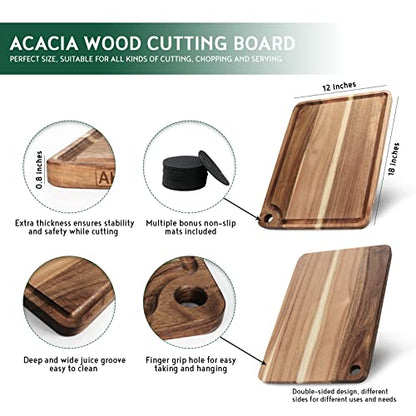 Large Acacia Wood Cutting Board 18x12 In Chopping Board | Brisket Cutting Board Butcher Block for Meat and Cheese,Chopping Board with Hanging Hole and Juice Groove - size: 18"L x 12"W