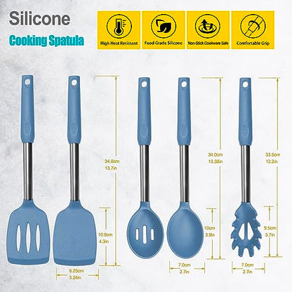 Silicone Spatula and Cooking Spoon,5 Pack Solid & Slotted Spoons and Spatulas High Heat resitant for Kitchen, Stainless Steel Handle Coated with Silicone, Non Stick Utensil, Starry blue - color: Starry blue