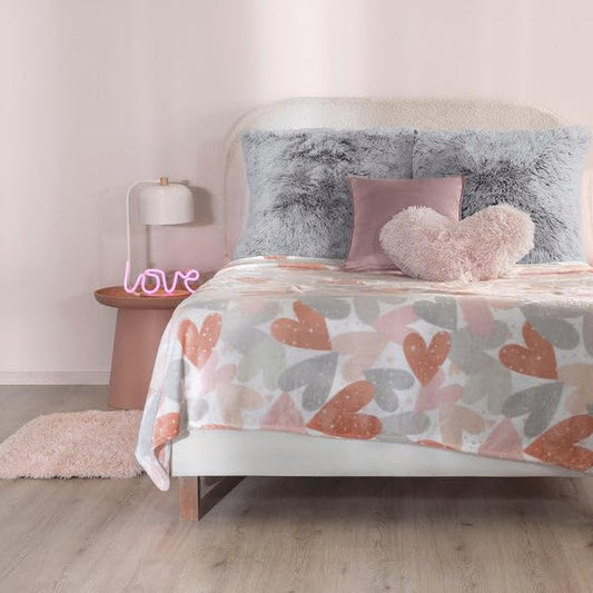 Vianney Love Queen Size Lightweight Fleece Blanket with Pink, Coral, and Grey Hearts Pattern - Soft Fleece for Year-Round Comfort and Cozy Throw for Couch or Bed - color: Multicolor, size: Full / Double
