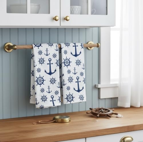 Summer Kitchen Dish Towel Set: Fun Nautical Anchor Captains Wheel Design, Set of 2 (Nautical) - color: Nautical