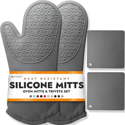 BPA-Free Soft Silicone 4 Piece Oven Mitts & Trivets Set - Ultra Heat Resistant Oven Mitts with Thick Cotton Liner - Long Slip Resistant Pot Holders, Flexible Oven Gloves - Gray - color: Gray, size: 4-Piece Oven Mitts & Trivets Set