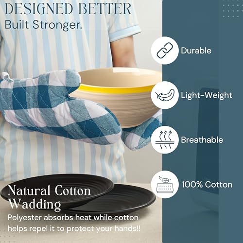 Oven Mitt & Pot Holder Buffalo Plaid Check 100% Cotton Heat Resistant Oven Gloves (7"x13") & Hot Pads (8"x8") Combo for Baking, Cooking - Teal - color: Teal Green, Buffalo Plaid