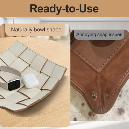 Valet Tray PU Leather Key Bowl for Men Women Entryway Table Nightstand Catchall EDC Dump Tray for Wallet, Keys, Jewelry Men's Gift - Coffee & White, 9.8" L x 9.8" W x 2" H - color: Coffee + White