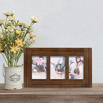 Prinz Homestead Dark Walnut 3-Opening Collage Picture Frame 4x6 Photos - Distressed Wood Two-Way Easel Wall Tabletop Display - color: Distressed Walnut