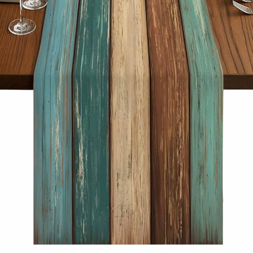 St Patrick's Day Cotton Linen Table Runner Farmhouse Retro Rustic Wood Texture Teal Green Brown Non-Slip Rectangle Party Table Decorations for Kitchen ,Home ,Dining Table ,Outdoor,Small 13X36 Inches - color: Green&blue&brown, size: Small 13x36
