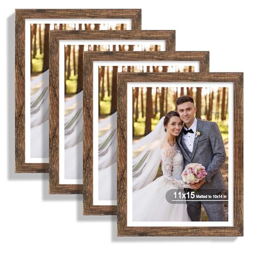 Hongkee 11x15 Picture Frame Set of 4, Made of Real Glass and Rustic Brown Frame - Display Picture 10x14 with Mat or 11x15 Without Mat, 11 by 15 Photo for Wall Mounting - color: Rustic Brown, size: 11x15 in