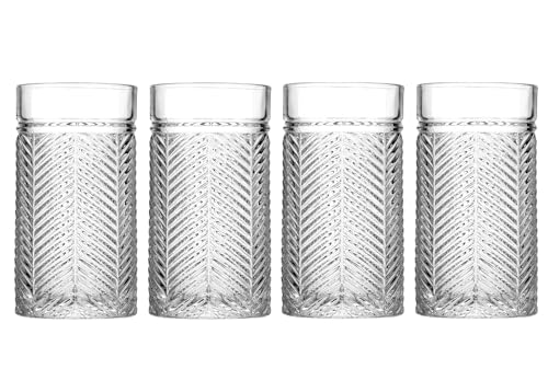 Highball Glasses Set of 4 Herringbone, 15.5 oz Tall Drinking Glasses, Elegant Textured Premium Glassware Tumblers for Water, Juice, Cocktails, Everyday use Vintage Style Beverage Glass Set