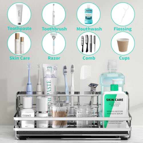 HapiRm Toothbrush Holders for Bathroom - 5 Partitions Bathroom Counter Organizer with Instant Drying Stone, Stainless Steel Countertop Storage Electric Toothbrush Toothpaste Holder - Silver(Large) - color: Silver-large