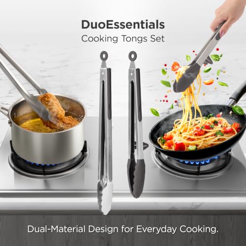 Kitchen Mama DuoEssentials Cooking Tongs Set, Metal Gray | 12" Silicone Tip & 14" Stainless Steel, BBQ Grill Tongs, Locking Ring, Heat Resistant, Non Stick & Dishwasher Safe - color: Metal Gray