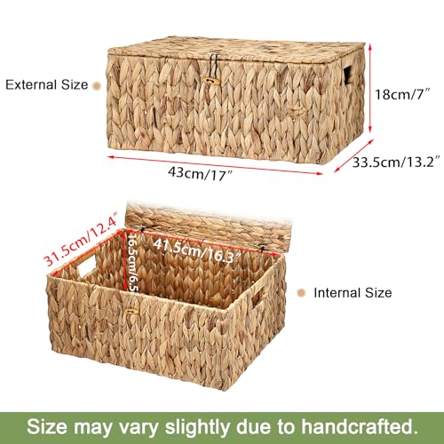 Water Hyacinth Storage Baskets Large Wicker Basket with Lid Woven Decorative Box for Shelf Pantry Laundry, Home Organizer, 17x13.2x7 Inch - size: 17"L x 13.2"W x 7H