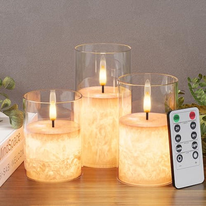 VIODAIM Ice Crystal Real Wax Glass Flameless Candles with Remote & Timer, Battery Operated Candles with Warm Flickering Flame, Realistic LED Candle for Wedding Home Decor [D3×H4/5"/6"] Clear, 3Pack | Real Wax Crystal Texture, D3×H4/5/6", 2/4/6/8H Timer, D