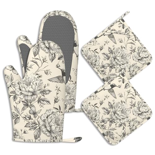 Vintage Peony Hummingbird Oven Mitts and Pot Holders Retro Floral Silicone Kitchen Accessories Set of 4 Heat Resistant Non-Slip Long Gloves Potholder for Chef Cooking Baking Gifts Women Men - color: Vintage Peony Hummingbird,retro Floral
