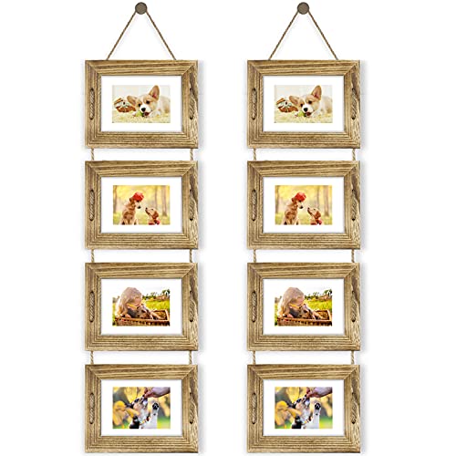 DLQuarts 5x7 Hanging Collage Picture Frames Wall Decor, 4-Opening 5x7 Matted to 3.5x5 Photo Rustic Wood Frame with Hemp Rope, 2 Pack, Carbonized Brown - color: Carbonized Brown, size: 5x7-2 Pack