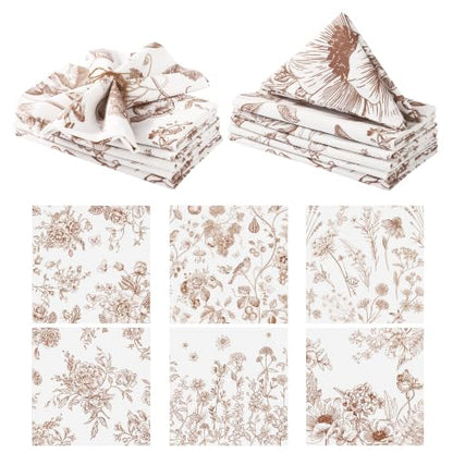 Kochorie 12 Pieces Fall Floral Cloth Napkins, 18 x 18 Inch Brown Reusable Soft Fabric Napkins, Autumn Table Dinner Napkin for Fall Thanksgiving Tea Party Holiday Home Kitchen Wedding Restaurant - color: Brown