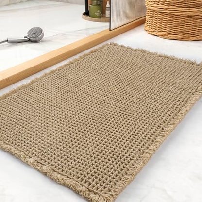 Waffle Bath Mat, Super Absorbent Non Slip Bath Mat Ultra Soft Bathmat Machine Washable Bath Rugs with Tassels, Beside Tub, 20" x 32", Brown - color: Brown, size: 20" x 32"