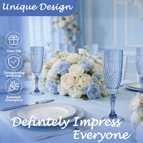 12 Pack Plastic Champagne Flutes, Blue Reusable Champagne Glass | Unbreakable Hard Plastic Mimosa Cups Bulk with Stem, Fancy Stemware for Wedding, Party & NYE Celebration - color: Blue