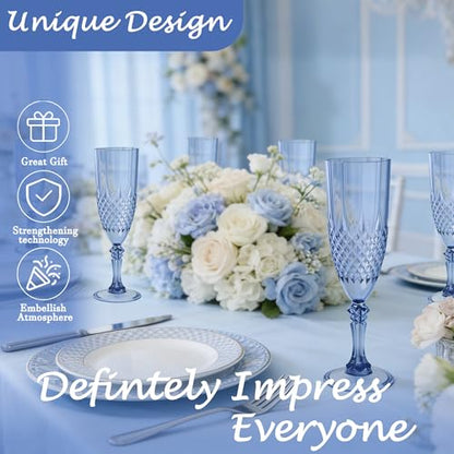 12 Pack Plastic Champagne Flutes, Blue Reusable Champagne Glass | Unbreakable Hard Plastic Mimosa Cups Bulk with Stem, Fancy Stemware for Wedding, Party & NYE Celebration - color: Blue