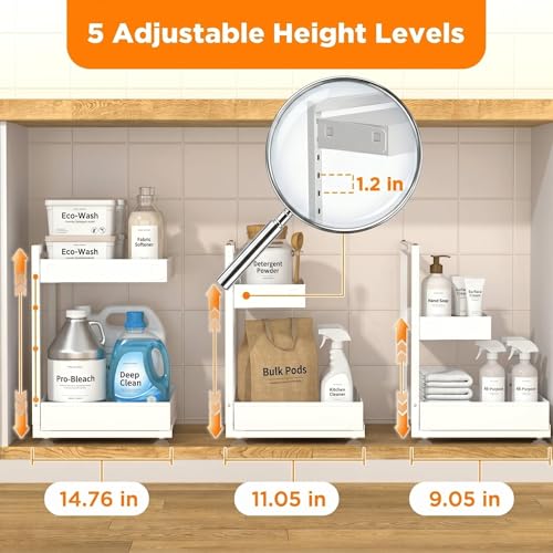TATAANTY Under Sink Organizer, L-Shaped Metal 2-Tier Double Pull-Out Drawer for Kitchen & Bathroom Cabinets, Adjustable Height Storage - 50lbs Heavy Duty Waterproof 2PCS Height Adjustable - color: Cream White
