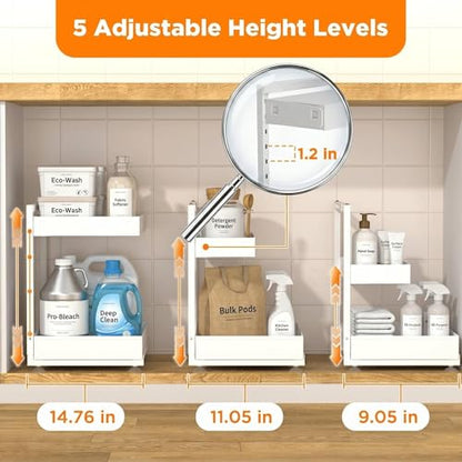 TATAANTY Under Sink Organizer, L-Shaped Metal 2-Tier Double Pull-Out Drawer for Kitchen & Bathroom Cabinets, Adjustable Height Storage - 50lbs Heavy Duty Waterproof 2PCS Height Adjustable - color: Cream White