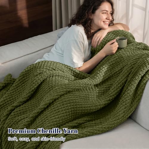 PHF Chenille Waffle Knit Throw Blanket- Plush Warm & Cozy 50" x 60" Ultra Soft Blanket- Chunky Fluffy Waffle Throws for Couch Bed Sofa - Olive Green - color: Olive Green, size: Throw(50"X60")