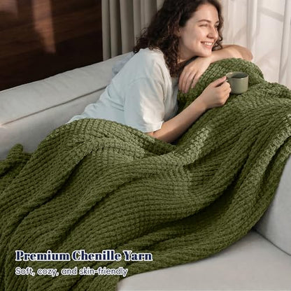 PHF Chenille Waffle Knit Throw Blanket- Plush Warm & Cozy 50" x 60" Ultra Soft Blanket- Chunky Fluffy Waffle Throws for Couch Bed Sofa - Olive Green - color: Olive Green, size: Throw(50"X60")