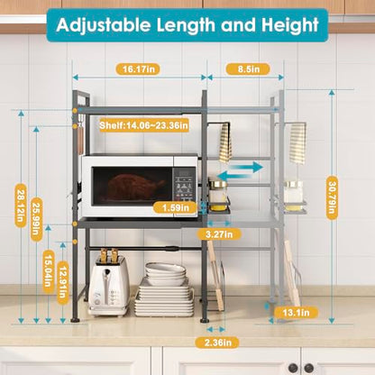DOLALIKE Microwave Oven Rack, Expandable Microwave Stand Countertop Kitchen Utensils Tableware Storage, Carbon Steel Over Microwave Shelf Countertop with 6 Hooks | Adjustable Microwave Oven Rack Metal Storage Shelf for Pans Small Appliances Kitchen Utensi