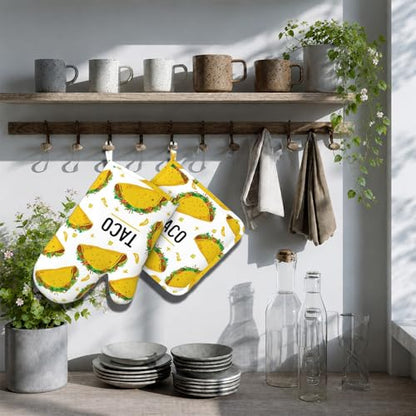 Taco Time Heat-Resistant Oven Mitts and Pot Holder Kitchen Non-Slip Silicone Cooking Microwave Gloves for Cooking Baking Grilling - color: Taco Time