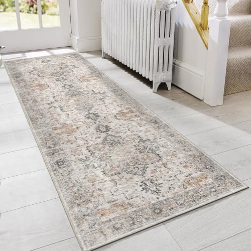 GENIMO 2x6 Washable Runner Rug Non Slip for Hallway, Light Taupe Brown | Vintage Floral Kitchen Runner, Stain Resistant, Low Pile and Lightweight for Entryway, Bedroom, Bathroom and Laundry Room - color: Taupe, size: 2' x 6' (Runner)