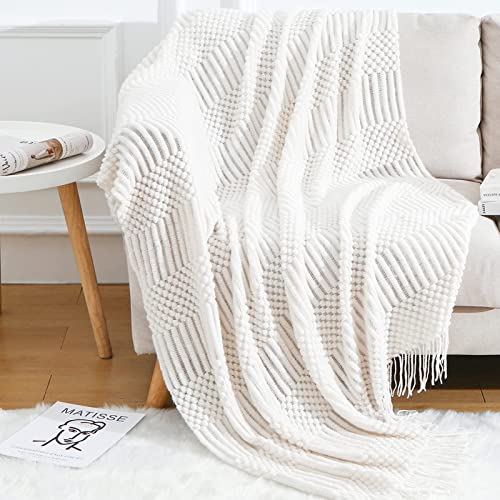 Blagic Knitted Throw Blanket for Couch Soft Farmhouse Boho Throw Blanket with Tassels Home Decorative Lightweight Throw Blankets,White Throws for Bed/Chair/Sofa, Pineapple Textured,60" W x 80" L - color: F-white, size: 60 × 80 in