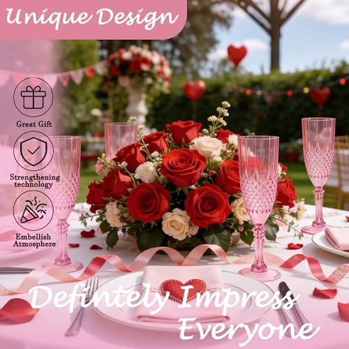 12 Pack Plastic Champagne Flutes, Pink Reusable Champagne Glass | Unbreakable Hard Plastic Mimosa Cups Bulk with Stem, Fancy Stemware for Wedding, Party & NYE Celebration - color: Pink