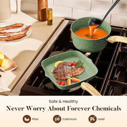 Kitchen Academy 17Pcs Green Induction Cookware Set, Nonstick Pots and Pans | Sage Green Granite Coating, Healthy Non Toxic Kitchen Cooking Pans and Pots Set Non Stick - color: Green, size: 17 PCS Cookware Set