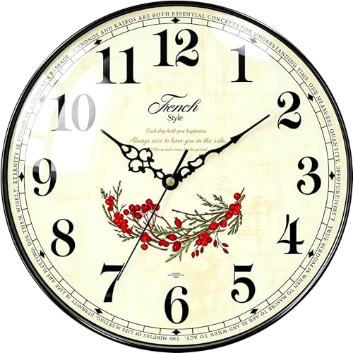Country Decorative Wall Clock, 12 Inch Silent Non-Ticking Wooden Wall Clock with High-Definition Curved Glass Cover, Vintage Floral Design for Living Room, Kitchen, Bedroom, Home Decor (Deep Red)