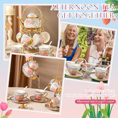 20 Pieces Porcelain Tea Set With Metal Holder, European Ceramic tea set for adults,Flower Tea Set,Tea Set For Women With Flower Painting (VIVID BLUE, Largr Vision) - color: VIVID BLUE