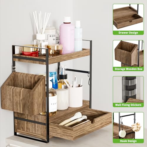 2-Tier Bathroom Counter Organizer, Wooden Vanity Shelf with Drawer & Basket | Pre-Drilled Holes, Skincare & Makeup Countertop Organizer and storage, Dark Brown - color: Dark Brown