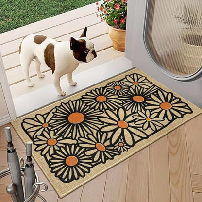 Welcome Mats Daisy Flower Front Door Mat for Outside Patio Entrance 17"x30" | Non-slip backing, durable, low profile, summer outside entryway rugs, housewarming gifts, for home farmhouse kitchen hallway - color: White Daisy Flower