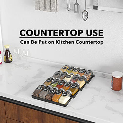 SpaceAid Spice Drawer Organizer with 20 Spice Jars, 386 Spice Labels, 4 Tier Seasoning Rack Tray Insert for Kitchen Drawers, 9-1/2" Wide x 17-1/2" Deep - size: 20 Jars, 9.5" Wide