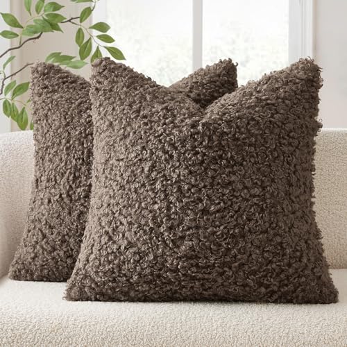 EMEMA Pack of 2 Teddy Faux Fur Throw Pillow Covers 24x24 Inch Soft Fuzzy Sherpa Sheepskin Decorative Cushion Cases Cozy Boucle Fleece for Couch Bed Boho Living Room Decor Chocolate - color: Chocolate, size: 24" x 24" (Pack of 2)