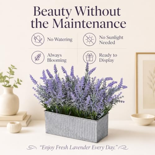 Artificial Lavender Flowers Potted Outdoor UV Resistant Fake Lavender for Window Sill Faux Lavender Plant for Farmhouse Home Bathroom Office Coffee Table Centerpieces Book Corner Shelf Indoor Decor