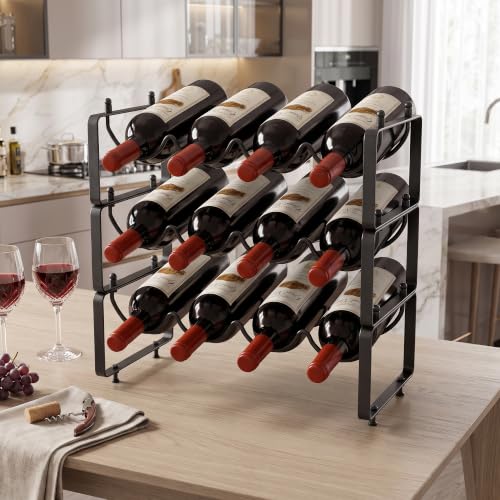 TONLEA Stackable Water Bottle Organizer Holder, Wine Rack,3-Tier 12 Bottles Wine Storage Cabinet Shelf, Wine Racks Countertop for Pantry,Kitchen