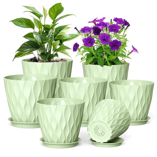 Meowell 7/6.5/6/5.5/5/4.5/4 inch Plant Pots for Indoor Outdoor Plants, 7 Pack Thick Flower Pots with Drainage Holes and Saucers, Modern Wave Texture Plastic Planter Pots for Nursery, Succulent, Green - color: Green, size: 7+6.5+6+5.5+5+4.5+4 in 7 set