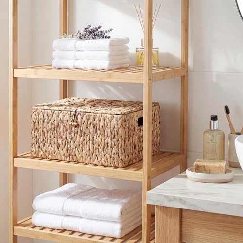 Large Wicker Basket with Lid, Natural Water Hyacinth Storage Baskets with Built-in Handles Woven Decorative Box for Shelf Pantry Laundry, Home Organizer, 15.7"x11"x7.5" - size: 15.7"L x 11"W x 7.5"H