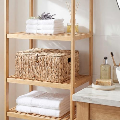 Large Wicker Basket with Lid, Natural Water Hyacinth Storage Baskets with Built-in Handles Woven Decorative Box for Shelf Pantry Laundry, Home Organizer, 15.7"x11"x7.5" - size: 15.7"L x 11"W x 7.5"H