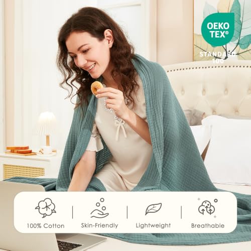 EMME Cotton Muslin King Blanket 4 Layer Ultra Soft Breathable Bed Layering Bedspread Coverlet Breathable Gauze Lightweight (Teal, 108"x90") - color: 01 - Teal, size: King (108" x 90")