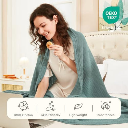 EMME Cotton Muslin King Blanket 4 Layer Ultra Soft Breathable Bed Layering Bedspread Coverlet Breathable Gauze Lightweight (Teal, 108"x90") - color: 01 - Teal, size: King (108" x 90")