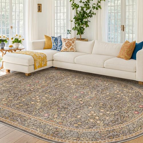 Washable Oval Area Rug 6x9 for Living Room, Gold Brown Low Pile Non-Slip Floor Carpet for Dining Room, Bedroom, Playroom, Office - Vintage Oriental Stain Resistant Traditional Earthy Décor - color: Gold Brown, size: 6' x 9' (Oval)