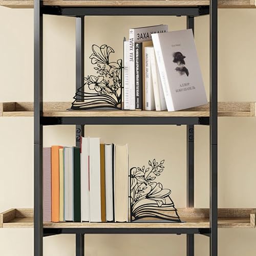 Metal Flower & Book Design Decorative Bookends – Cute Bookends for Shelves | Fun Reading Room Decor for Book Lovers, Black