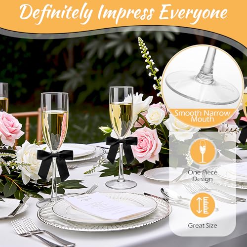 Zopeal Plastic Reusable Champagne Flute Glasses 6 oz and 50 Pcs Bow Set Acrylic Wedding Toasting Goblet 3.5" Bow Unbreakable Wine Cup for Bachelorette Bridal Shower Party(Clear and Black) - color: Clear and Black